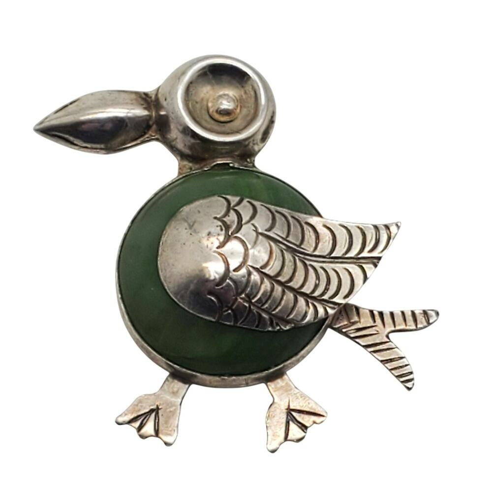 Mexican Sterling Silver Bird Brooch Green Body Whimsical Taxco Folk Art Pin Vtg - Picture 3 of 7